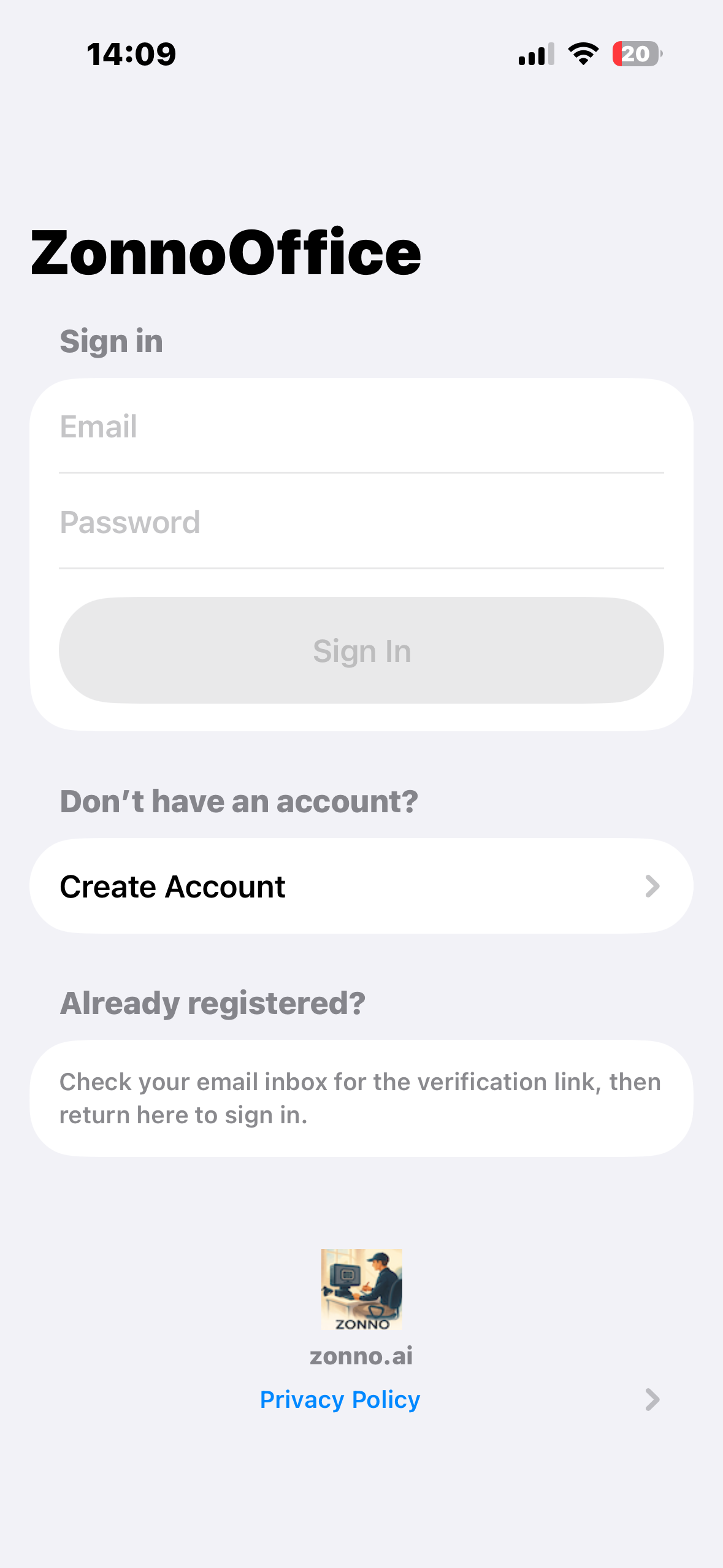 Login screen